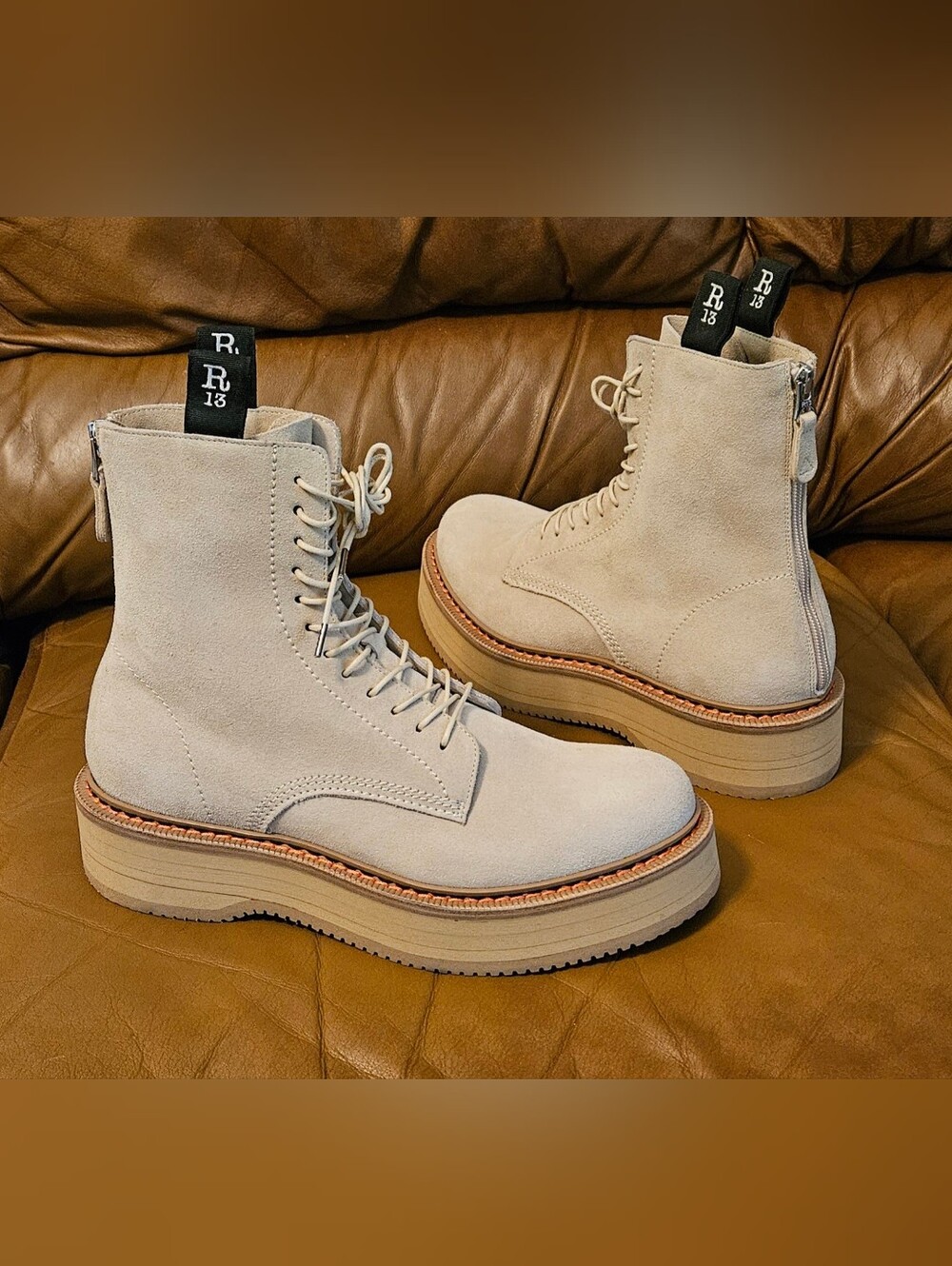 New Men's R 13 Beige Suede High-End Combat Boots Size 9 US